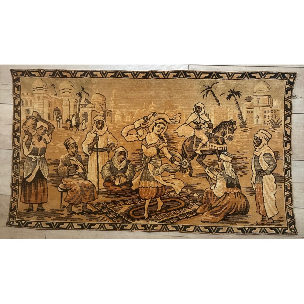Antique Tapestry Middle Eastern Desert Scene Bohemian 44x25 Brown Good
